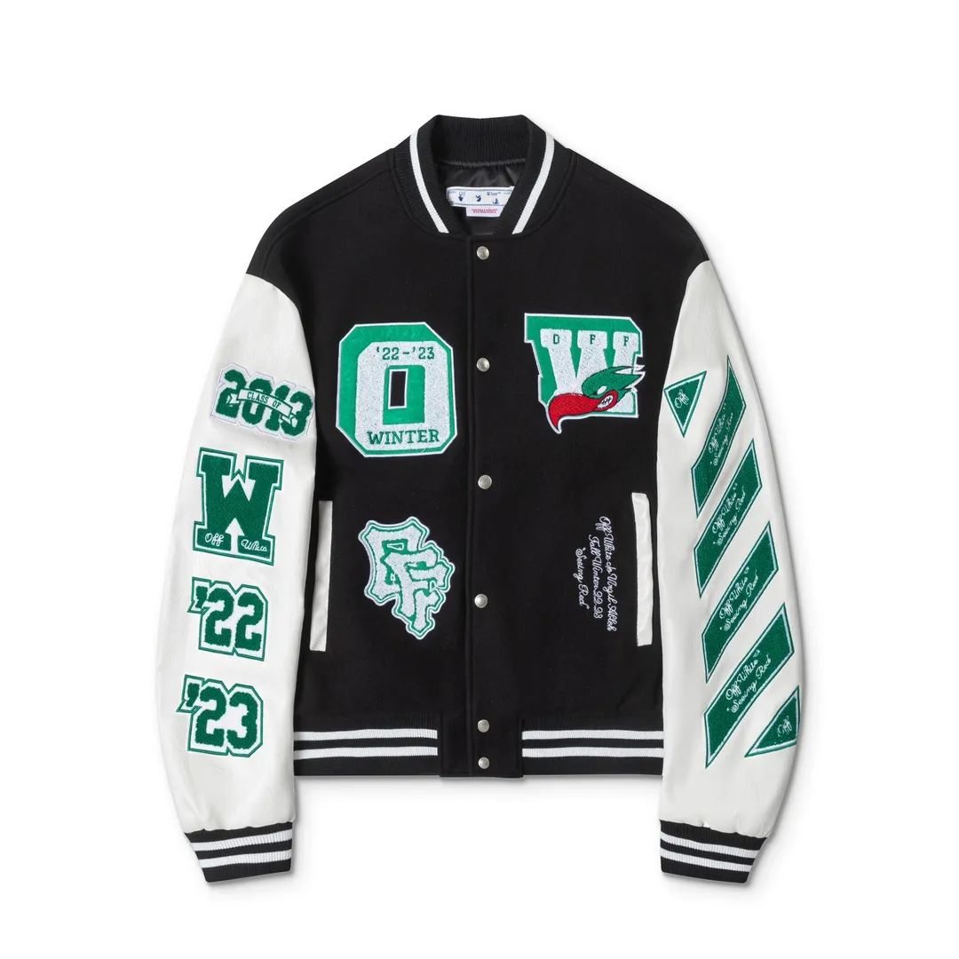 S27#P676, off white 2024 autumn and winter new heavy industry embroidered leather baseball jacket couple style color black size: S M L XL